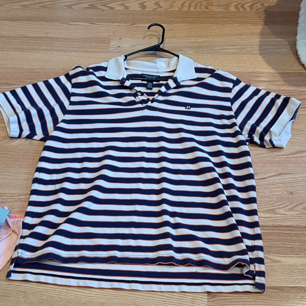 American Eagle Outfitters Navy and White Striped Polo Shirt
